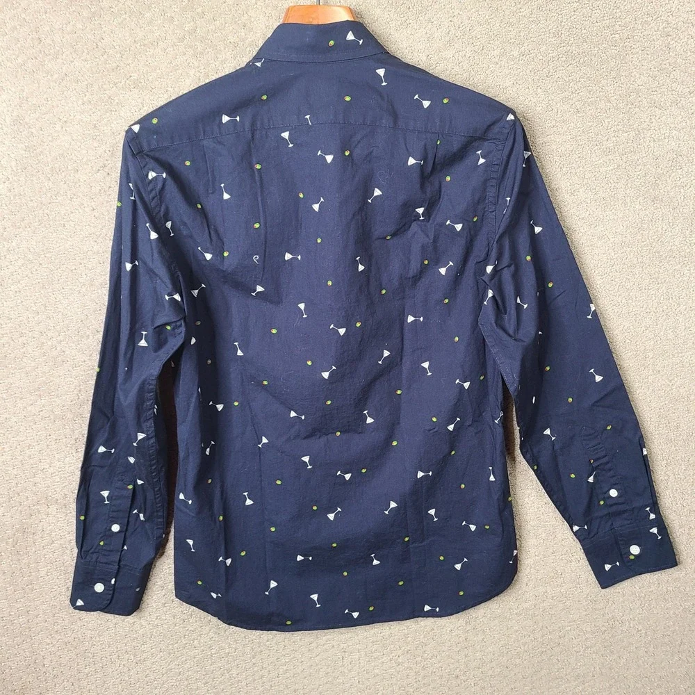 J Crew Shirt Mens Small Navy Martini Print Slim Untucked Button Down Cotton